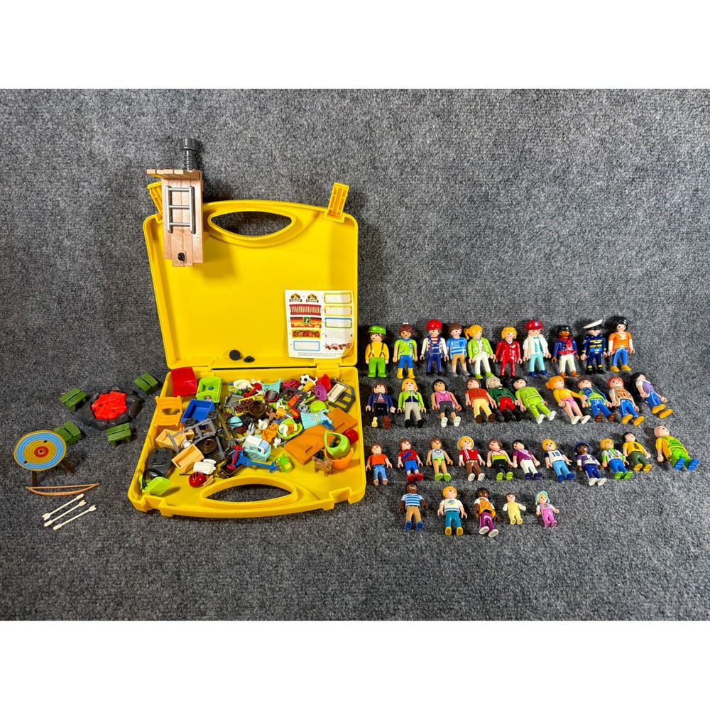 Vintage 1990s Playmobil Mega Lot 36 Figures Accessories Yellow Carrying Case